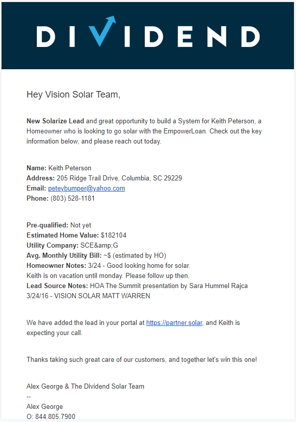 Dividend Solar Lead requested me