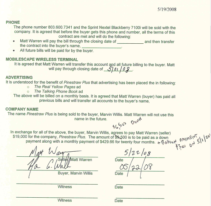 Contract for Pinestraw Plus Sale to Marvin Willis in 2008