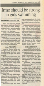 Irmo should be strong in girls swimming. September 20th, 2001 article in The State Paper where I was listed as a “standout senior” swimmer